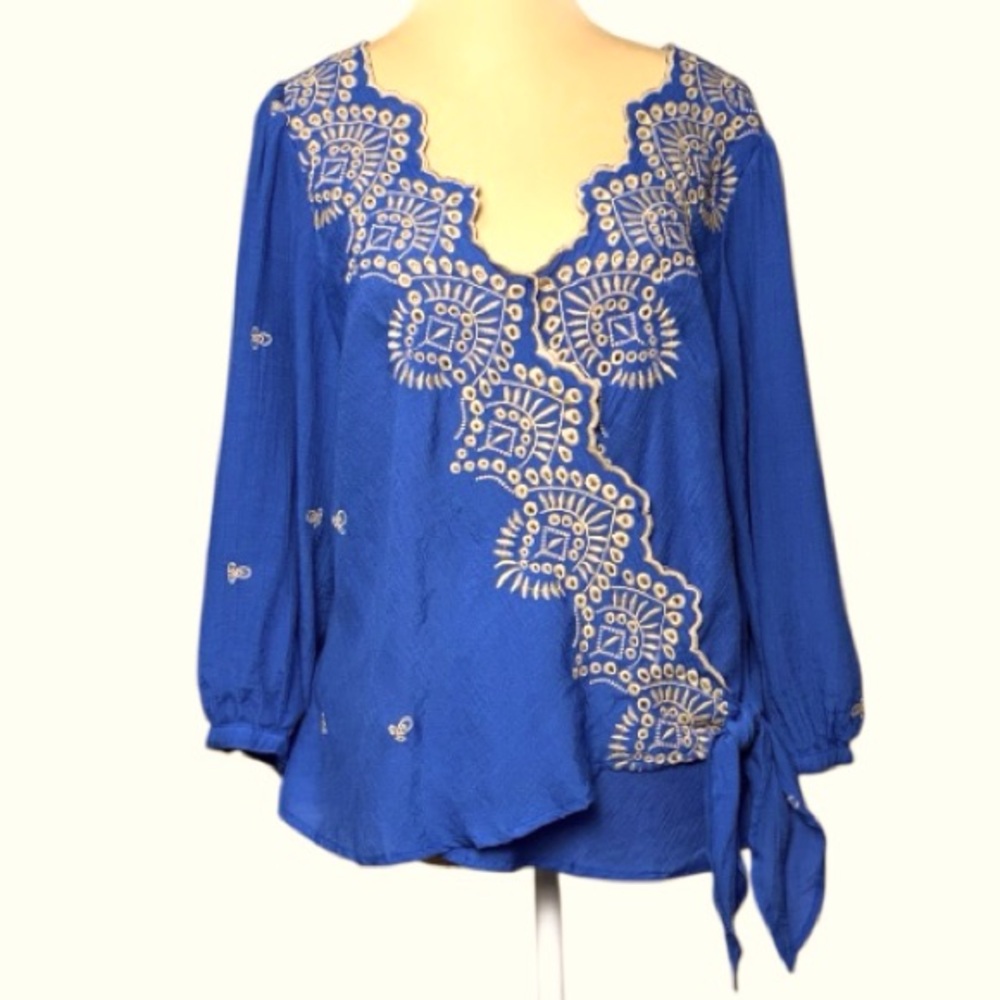 Fig and Flower Royal Blue Embroidered Blouse Tan Detail Wrap Tie XL Boho
